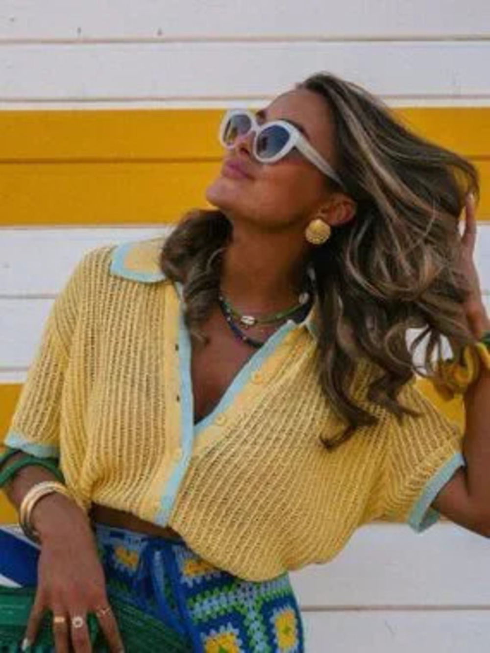 Casual Yellow Women's blue Contrast short sleeve Knit Cardigan